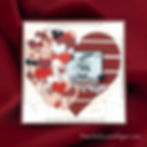 Scrapbook page on red fabric showing a black-and-white photo of a child with a woman. Heart shapes surround it. Text reads "Grandma & Me."