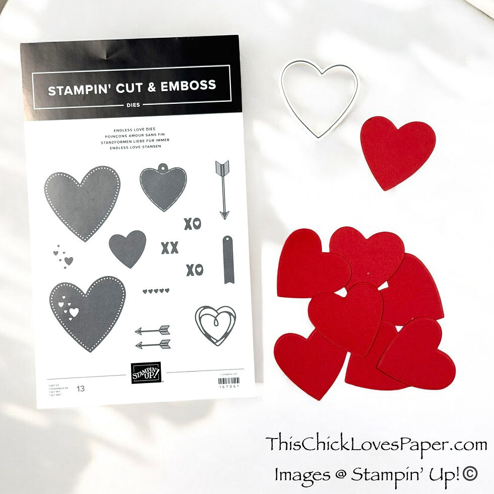 Stamp set with heart, arrow, and "XO" designs on paper. Beside it are red heart cutouts and a silver heart frame. Text: "ThisChickLovesPaper.com, Stampin' Up!".