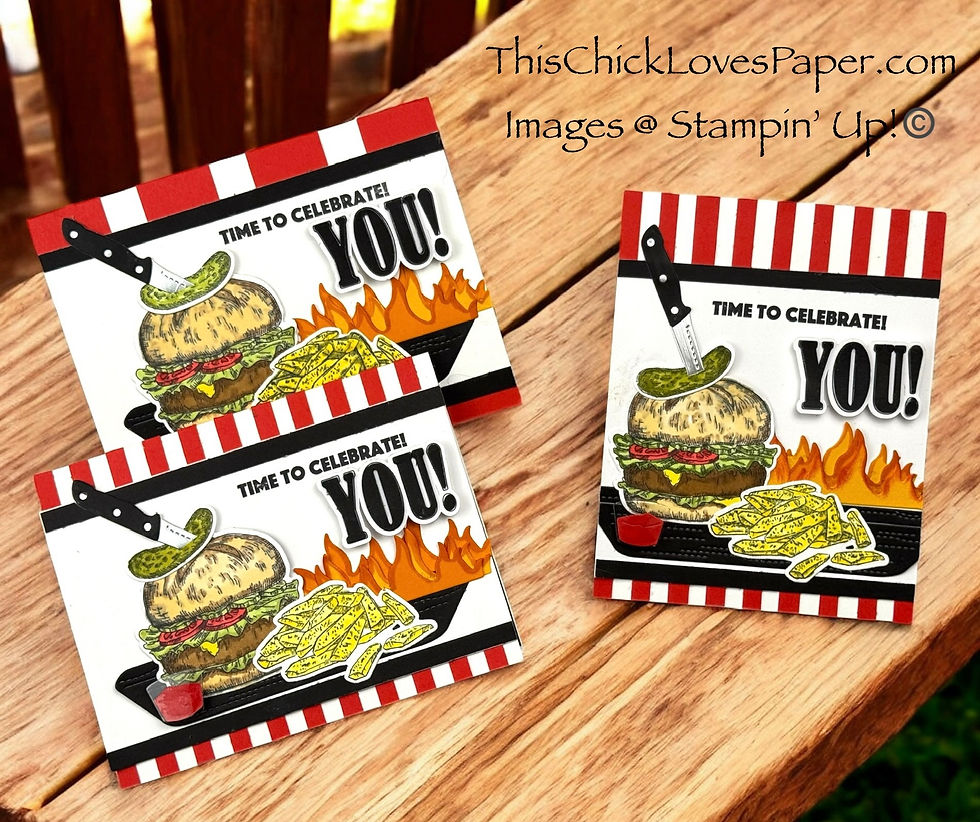 Three cards with burgers and fries in flames, text "TIME TO CELEBRATE! YOU!", red and white stripes, on wooden surface. Energetic theme.
