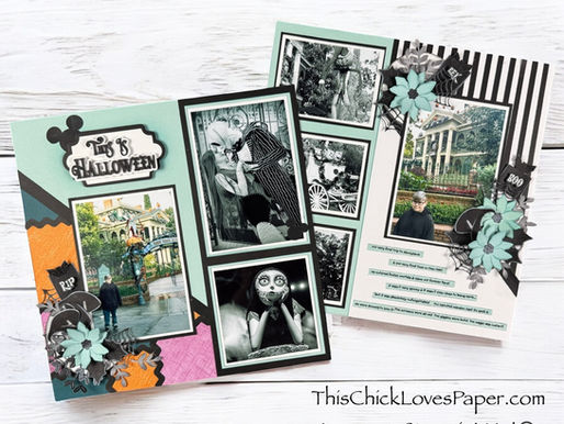 Step inside a Disney Haunted Mansion–inspired layout packed with tricks, treats, and memory-making techniques! This 12x12 double-page Halloween spread by April of This Chick Loves Paper features handmade pinstripes, patchwork, Hidden Mickeys, and more frightfully fabulous details!
