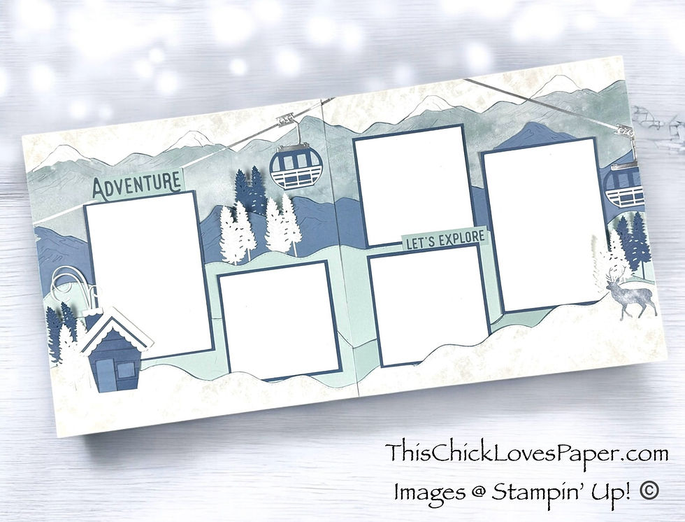 A 12x12 Winter Scrapbook Layout with Peaceful Garden DSP, Scrapbook layout with mountain background, cable cars, and trees. Text reads "Adventure" and "Let's Explore." Cool hues and winter scene.