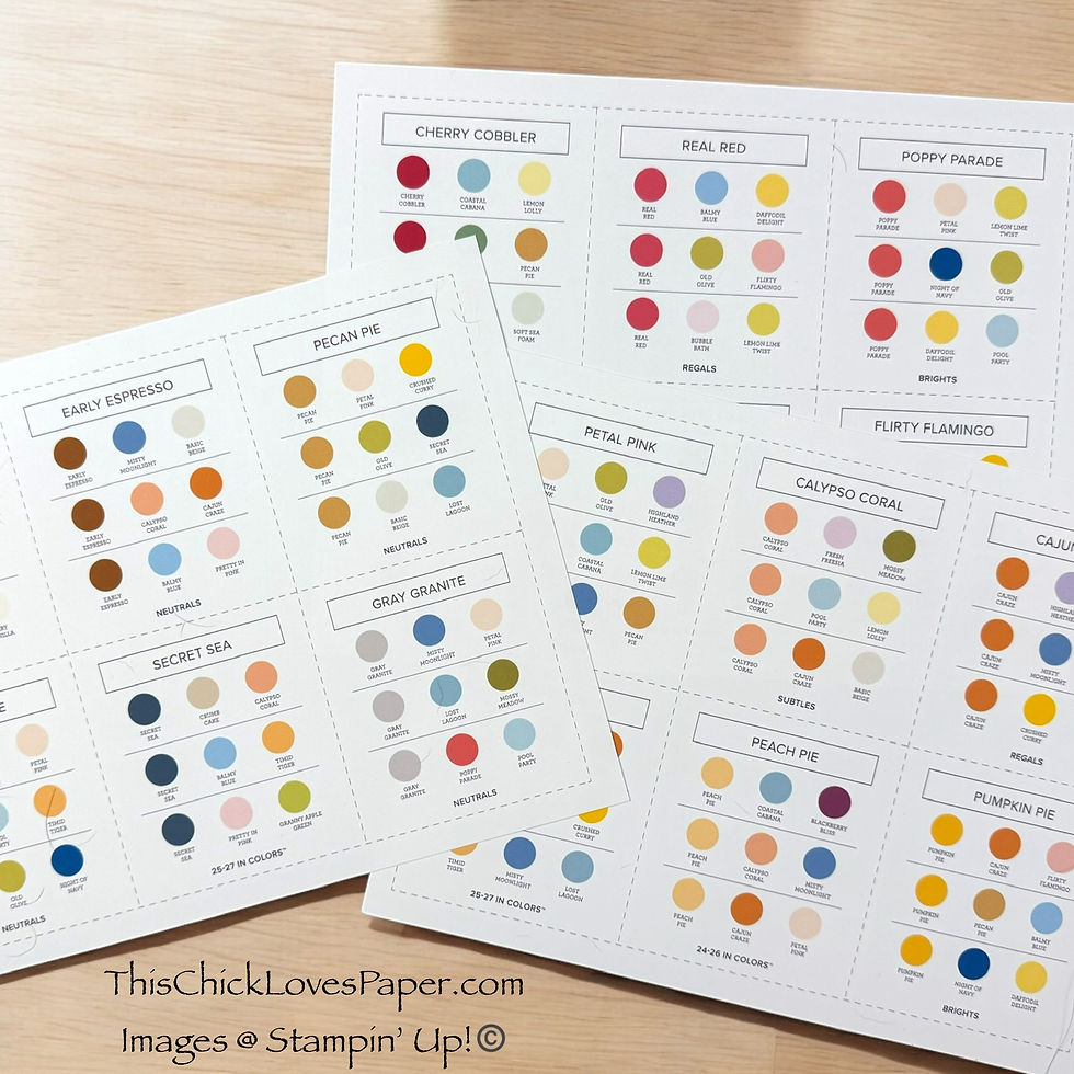 Color swatches with various hues and labels like Cherry Cobbler and Pecan Pie on a wooden surface. Text: ThisChickLovesPaper.com.