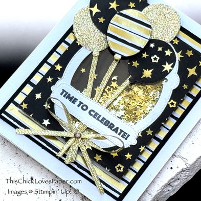 Create a black and gold milestone birthday shaker card using Stampin’ Up!® Modern Christmas DSP and Balloon Festoon Dies. This handmade birthday card tutorial features elegant sparkle and works beautifully for a 21st or any milestone celebration — created by ThisChickLovesPaper.com. ✨