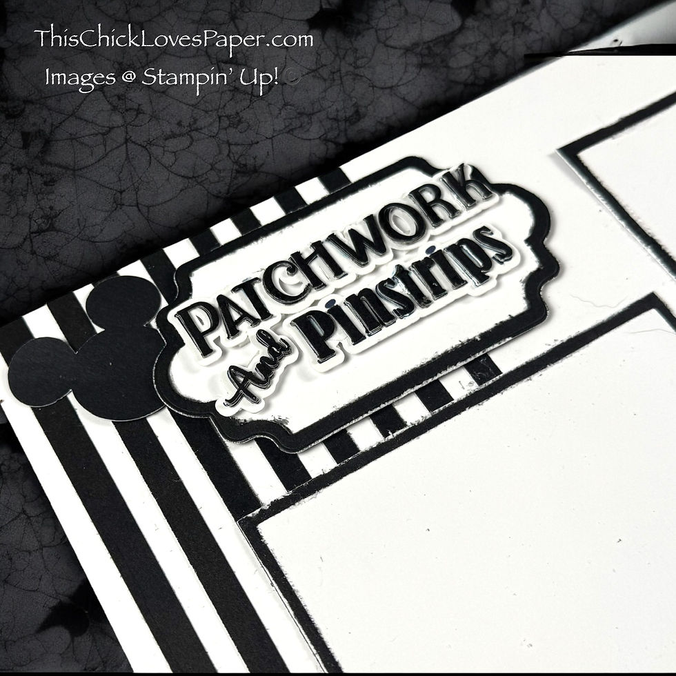Black and white card with "Patchwork and Pinstrips" text, Mickey Mouse silhouette, striped background, and floral patterned corner.