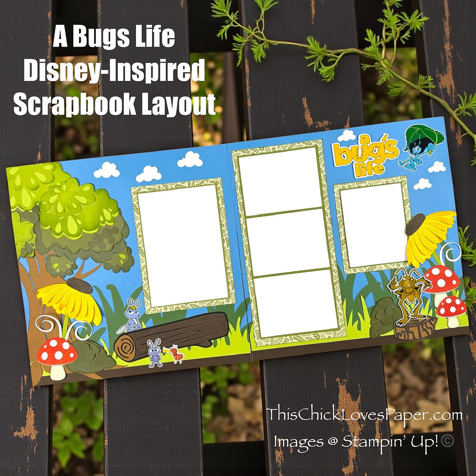 A vibrant scrapbook layout inspired by "A Bug's Life," featuring colorful frames, bugs, sunflowers, mushrooms, and text "A Bugs Life."