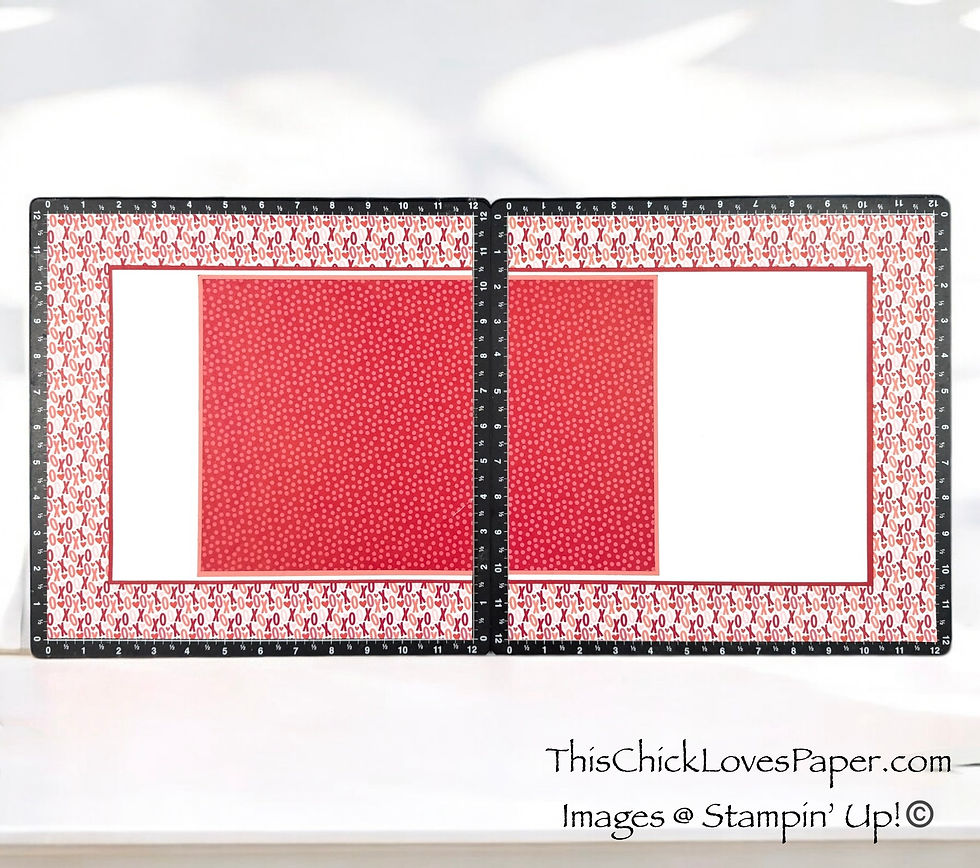 Red patterned scrapbook layout with "XO" border on black rulers. Text reads "ThisChickLovesPaper.com Images © Stampin’ Up!". Bright background.