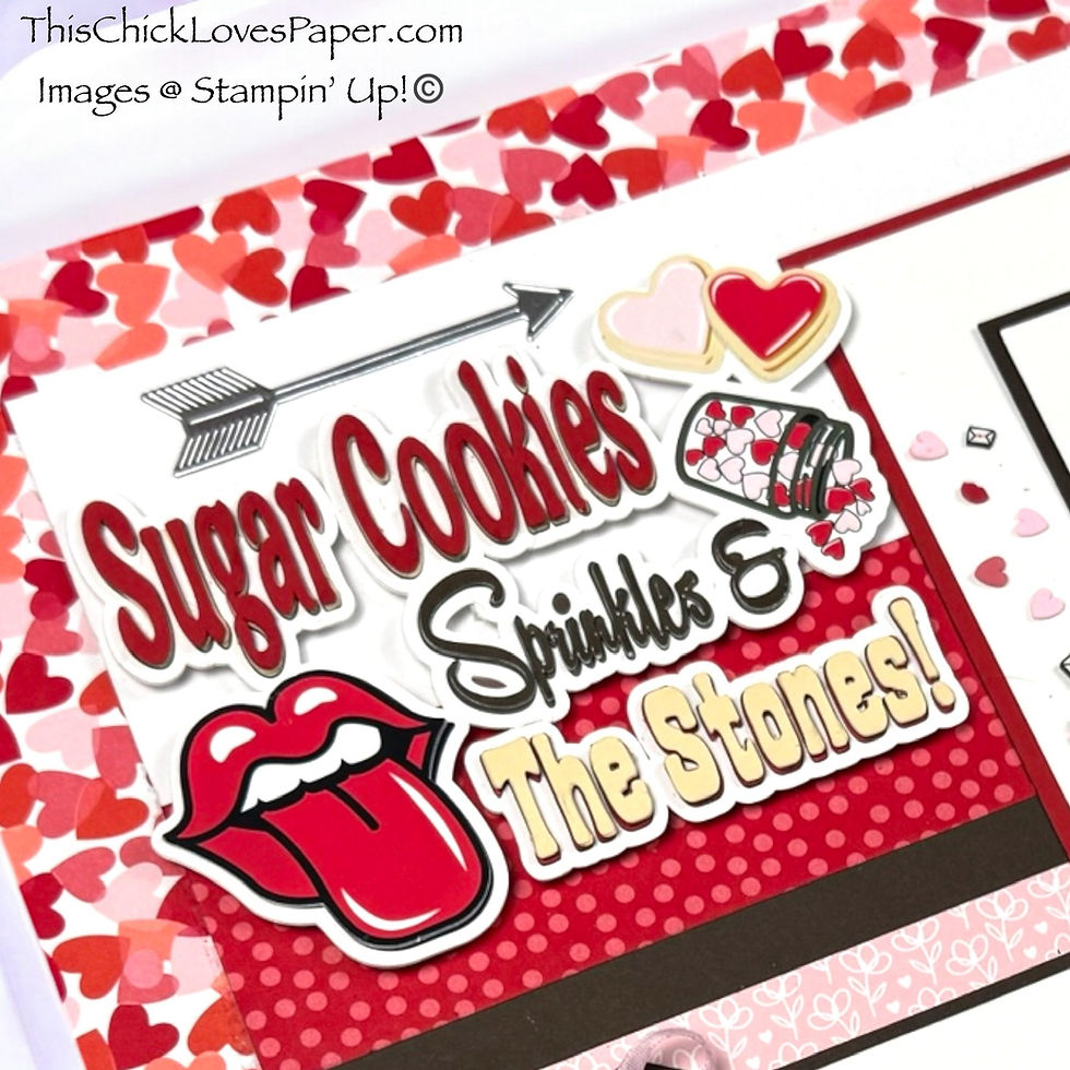 Card with "Sugar Cookies, Sprinkles & The Stones!" text, hearts, lips, and arrow motifs. Background features red and pink heart patterns.