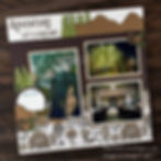 Scrapbook page featuring "Adventure Let's Explore," with tree and deer graphics. Photos include night scenery, a person, and an indoor lounge.