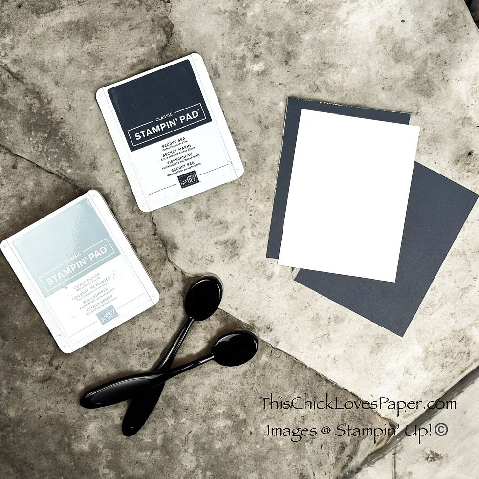 Ink pads and black brushes on a stone surface with white and black cards. Text reads ThisChickLovesPaper.com and Images © Stampin’ Up!©.