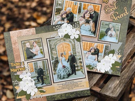 12x12 double-page wedding scrapbook layout featuring outdoor wedding photos, Nature’s Walk DSP, CTMH florals, layered die cuts, textured mats, and heartfelt journaling — see how this layout came together step-by-step, with creative techniques and design choices explained by This Chick Loves Paper using CDT Sketchbook Volume 5.