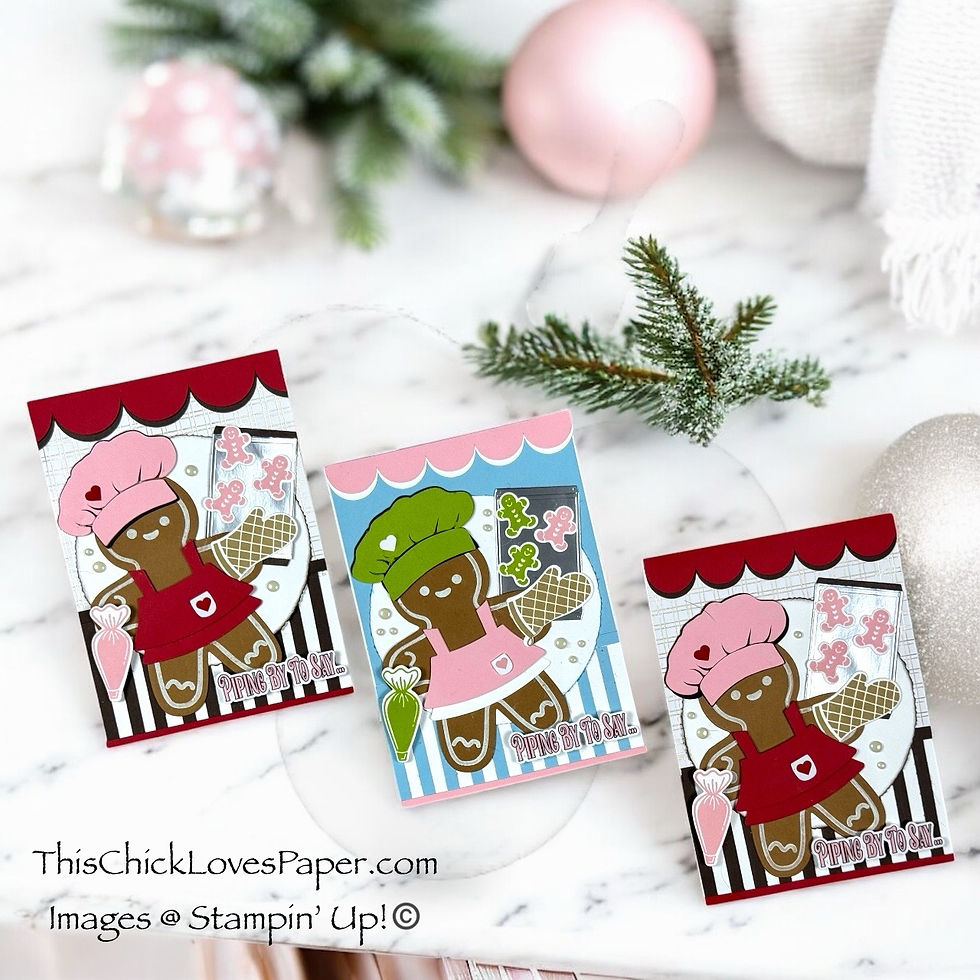 Three gingerbread-themed cards with chefs in pink and green hats, surrounded by decorative gingerbread men and sweets, on a snowy surface.