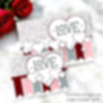 Greeting cards with hearts and "LOVE" text, featuring red, pink, and gray banners. Background has floral patterns. Two red roses nearby.