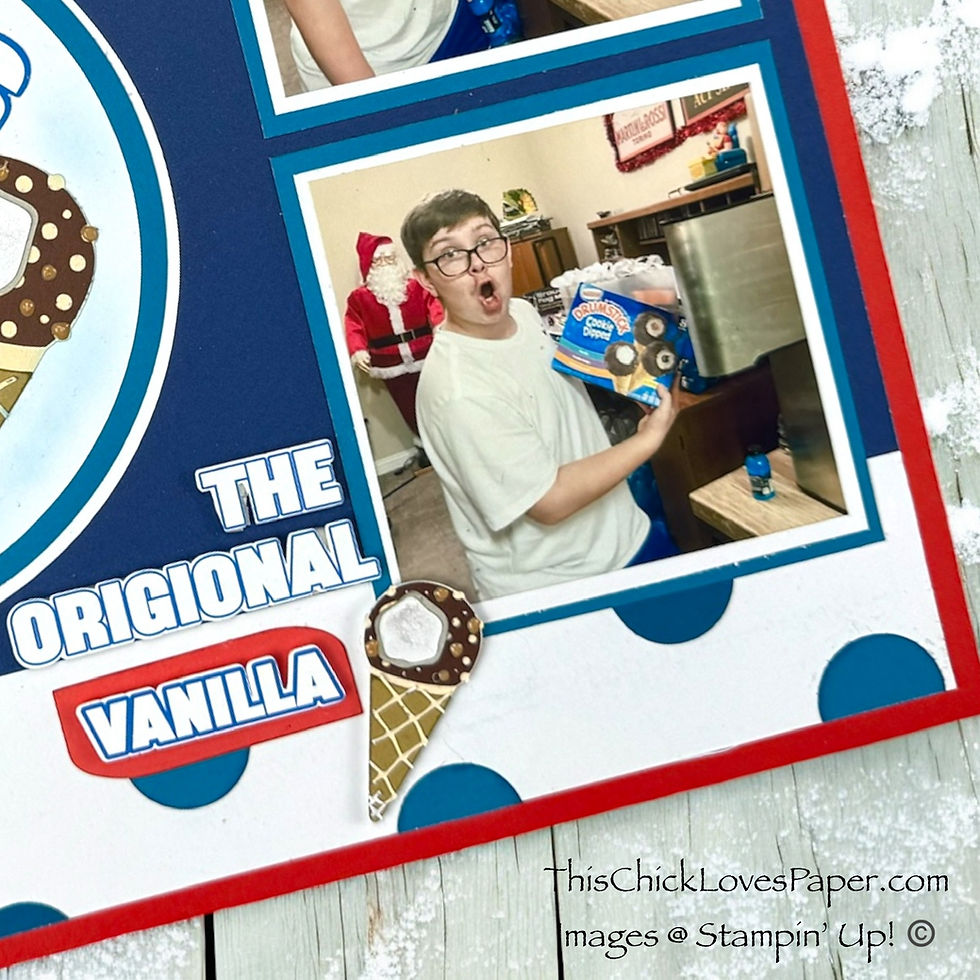 A person excitedly holds ice cream bars in a festive room. Background features Santa figure. Blue and red text reads "The Original Vanilla."