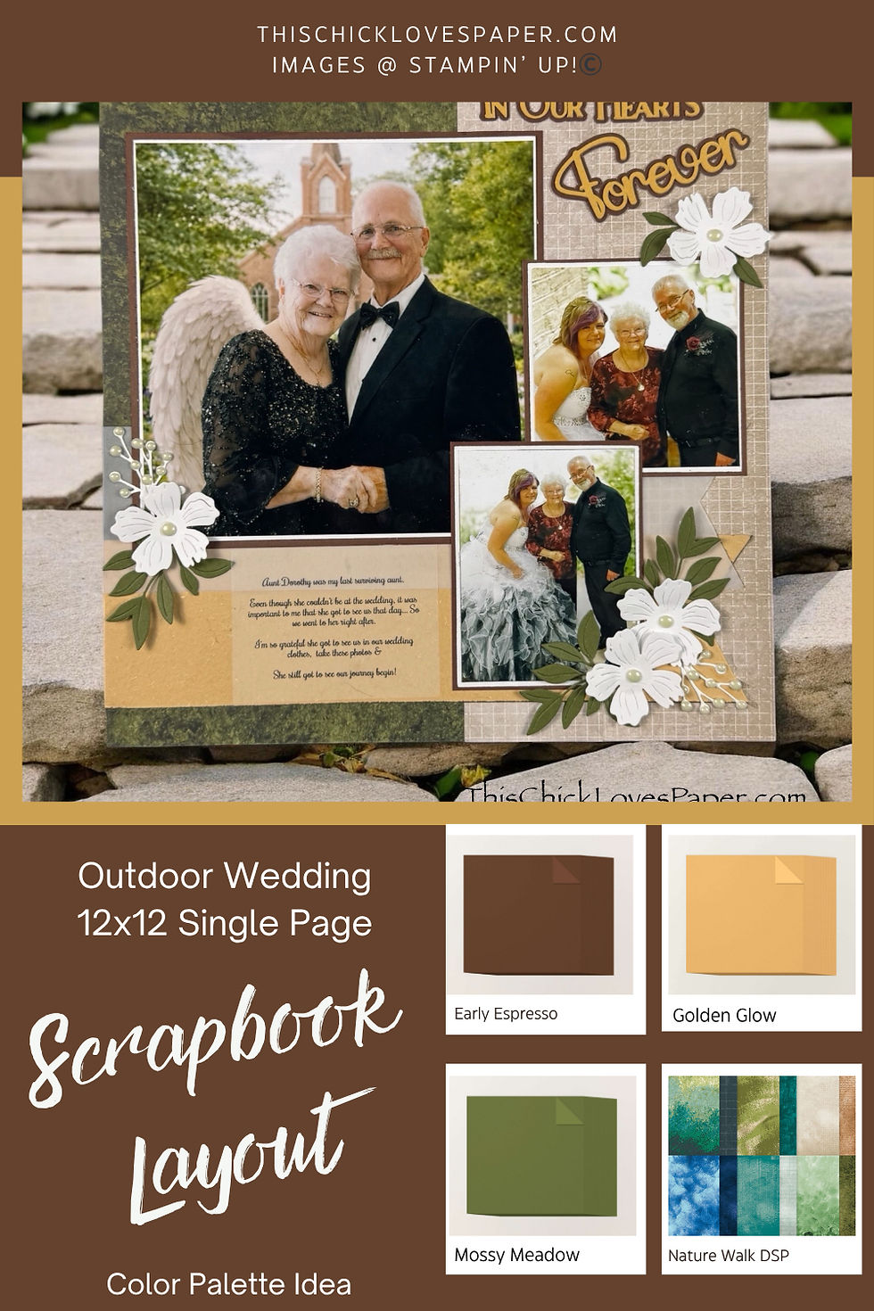 Scrapbook page with elderly couple smiling, floral decor, and "Forever" text. Outdoor wedding theme with brown, yellow, and green palette.
