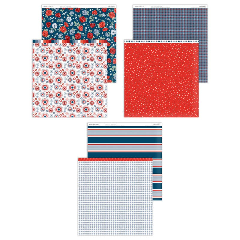 Five patterned papers in red, blue, and white: floral, plaid, stars, stripes, and dots. Arranged on a plain white background.
