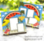 Scrapbook pages featuring a bug theme with sunflowers, mushrooms, and a large watermelon slice. Text reads "a bug's life." Bright colors.