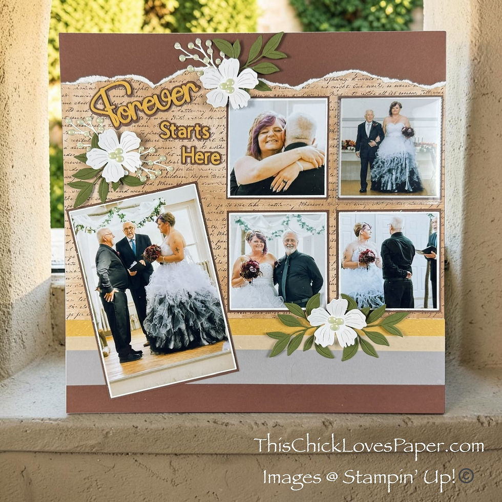 Wedding photo collage with a couple in formal attire, set against a rustic background. Text reads "Forever Starts Here." Floral accents.