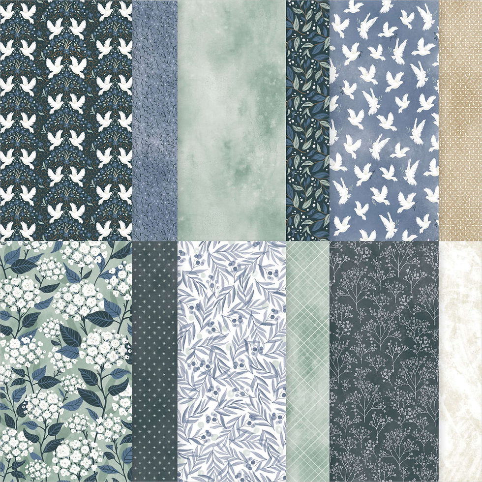 Stampin' Up! PEACEFUL GARDEN 12" X 12" (30.5 X 30.5 CM) DESIGNER SERIES PAPER -A collage of 12 patterned paper designs featuring flowers, leaves, birds, and abstract textures in shades of blue, green, and beige.