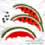 Paper watermelon slices with seeds on a marble surface. Vibrant red, green, and white colors. Text: ThisChickLovesPaper.com. Mood: Playful.