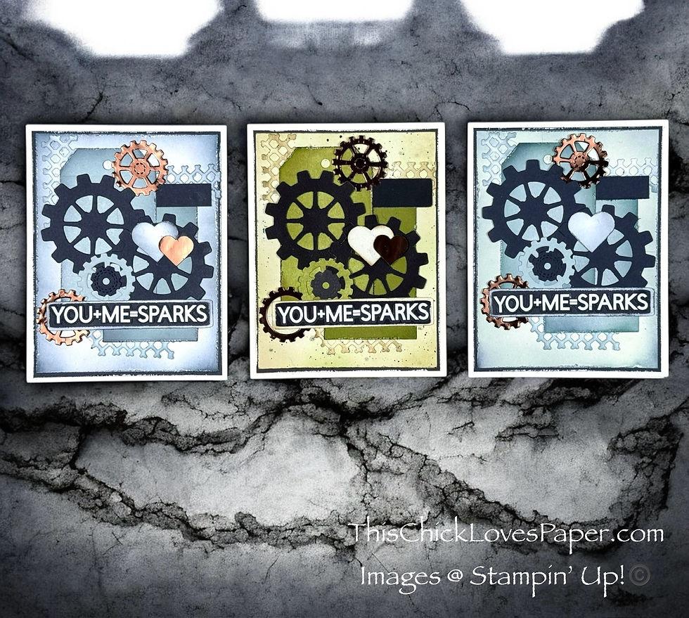 Three greeting cards feature gears, hearts, and "YOU + ME = SPARKS" text. Background is cracked stone, creating an industrial mood.