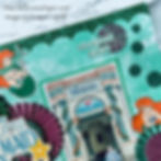 Scrapbook page with "The Little Mermaid" theme in green and glitter. Features Disneyland entrance photo with character illustrations. Date: 12/16/16.