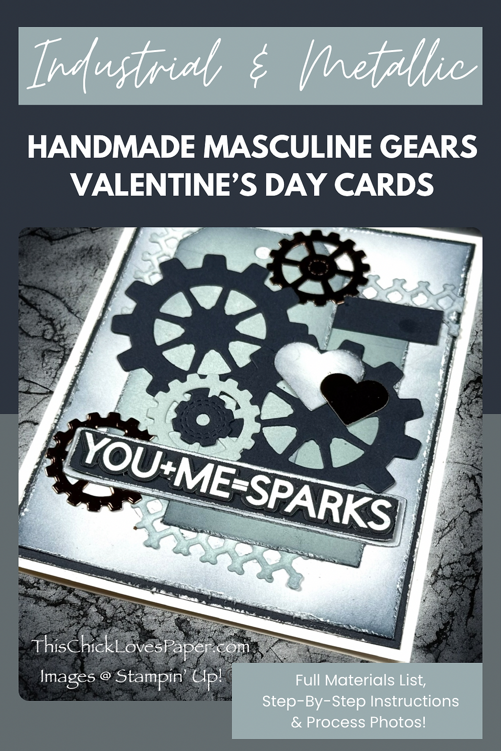 Industrial-themed Valentine's card with gears, hearts, and "YOU+ME=SPARKS" text. Colors are metallic and dark gray.