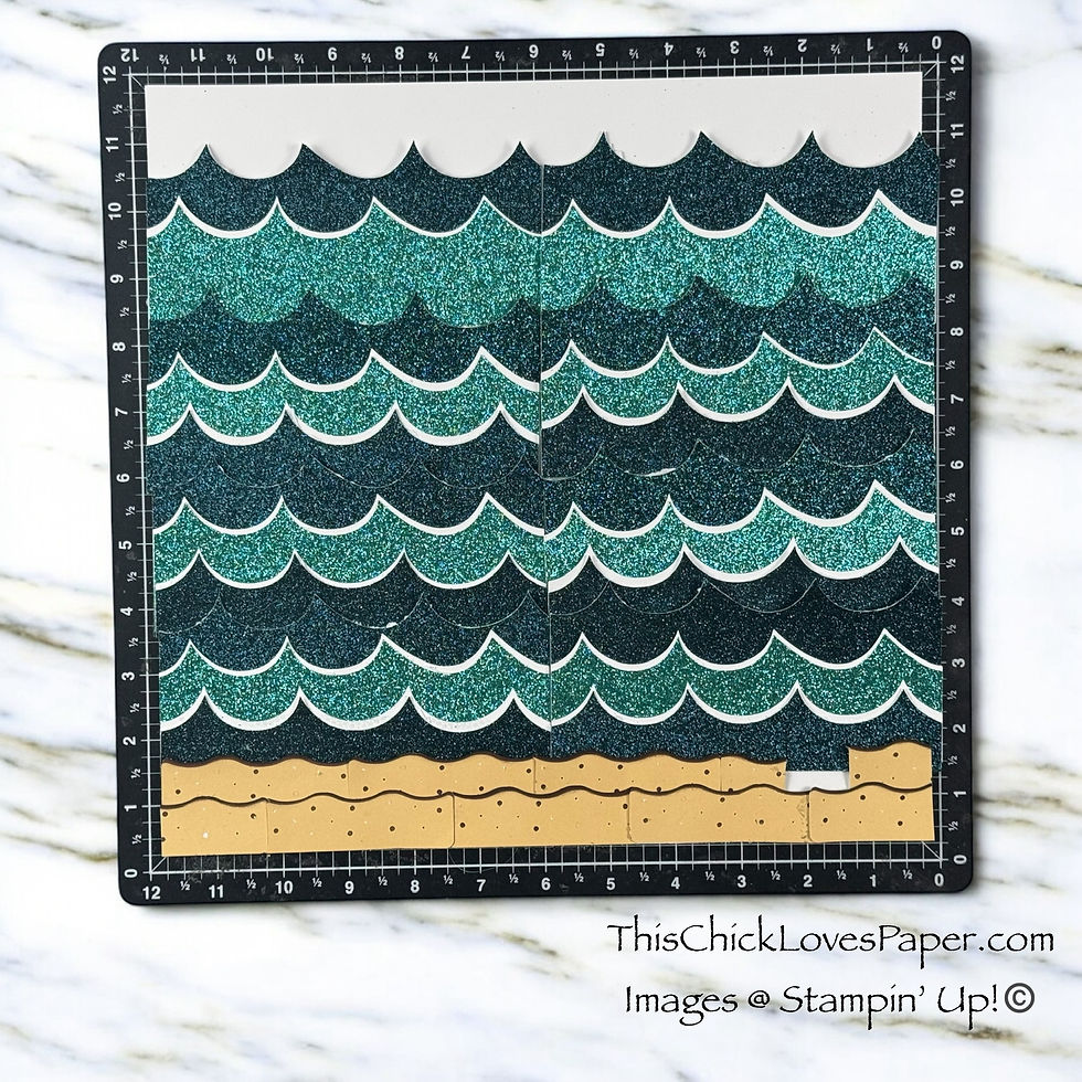 Glittery teal waves pattern on black cutting mat, brown sandy bottom. Text: "ThisChickLovesPaper.com" and "Images © Stampin’ Up!".