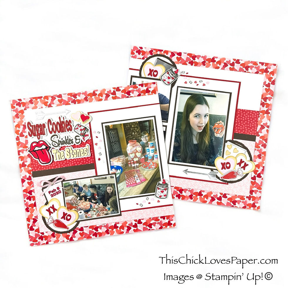 Scrapbook pages with bright red patterns show a girl smiling, cookies on a table, and the text "Sugar Cookies, Sprinkles & The Stones."