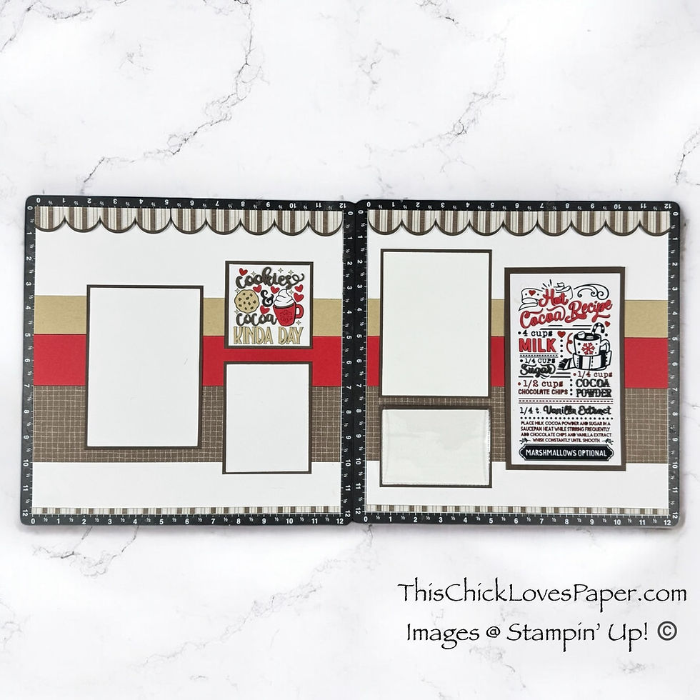 Scrapbook layout with "Cookies & Cocoa Kinda Day" and hot cocoa recipe card. Brown, red, gold accents, and striped borders on a marble background.