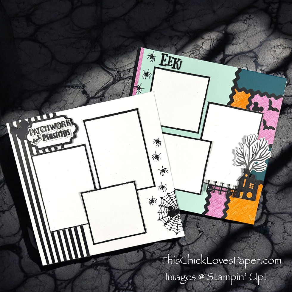 Two Halloween-themed scrapbook pages feature blank photo frames, spider designs, and "EEK" text on a marbled gray background.