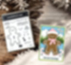 Gingerbread Man stamp set and a card with a skiing gingerbread figure wearing a pink hat and scarf. Snowy branches in the background.