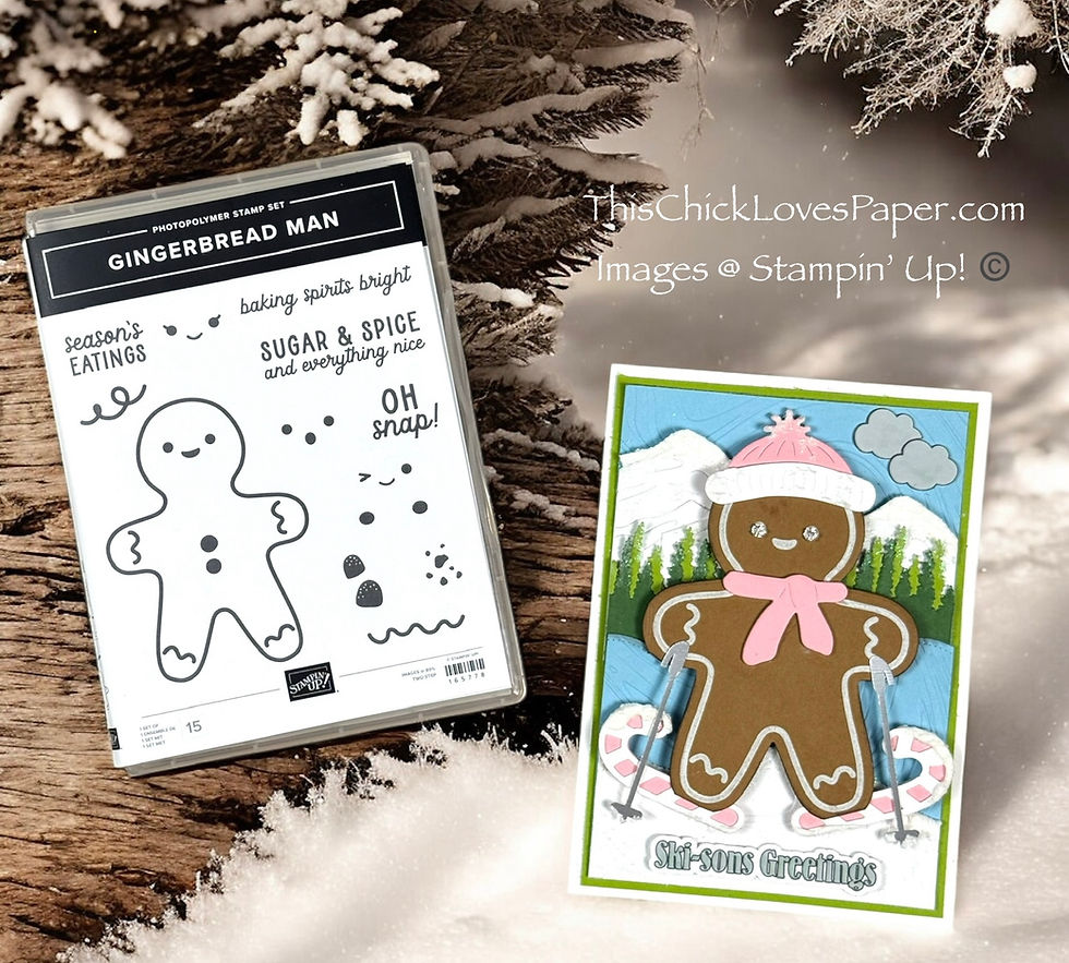 Gingerbread Man stamp set and a card with a skiing gingerbread figure wearing a pink hat and scarf. Snowy branches in the background.