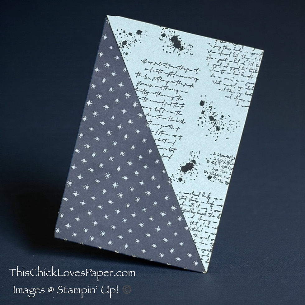 Creating the diagonal background for sypathy card. Here are paper triangle with star pattern on left, script and ink splatters on right, against a dark background. Text: ThisChickLovesPaper.com
