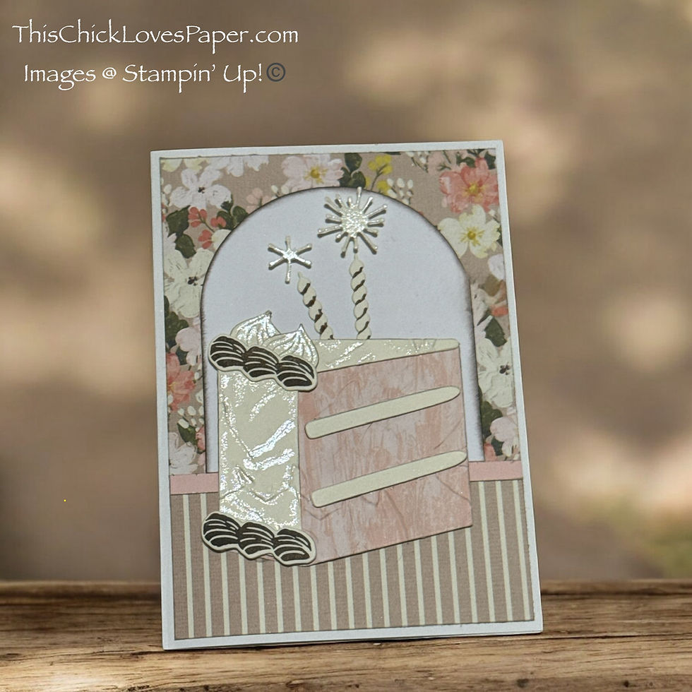 Greeting card with floral and striped design featuring a cake slice illustration, candles, and sparklers. Text: "ThisChickLovesPaper.com".