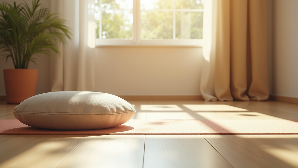 Close-up view of a yoga mat and meditation cushion in a sunlit room