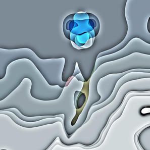 A blue mask hanging in silver topography generated using artificial intelligence and neural network software.