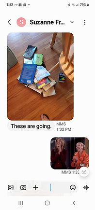 Screenshot collage of text messages showing a client's bookshelf decluttering process, including photos of purged books, progress updates, and encouraging text-based coaching—highlighting the effectiveness of virtual organizing support