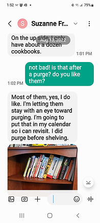 Screenshot collage of text messages showing a client's bookshelf decluttering process, including photos of purged books, progress updates, and encouraging text-based coaching—highlighting the effectiveness of virtual organizing support