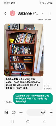 Screenshot collage of text messages showing a client's bookshelf decluttering process, including photos of purged books, progress updates, and encouraging text-based coaching—highlighting the effectiveness of virtual organizing support