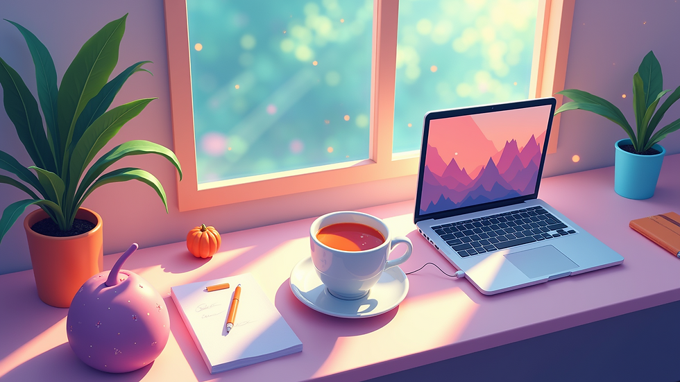 High angle view of a cozy workspace with a cup of tea and a laptop