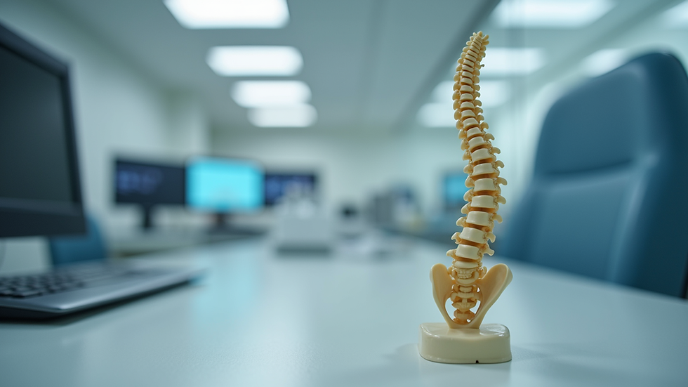 Eye-level view of a spine model on a clinical desk