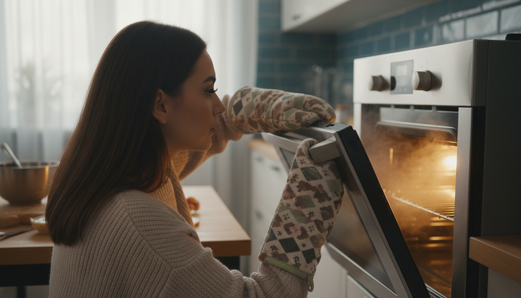 Side view of a person protecting lash extensions from warm oven air