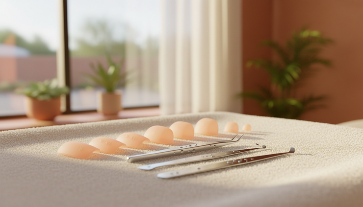 Eye-level view of a lash artist preparing silicone lift shields beside clean lash tools.