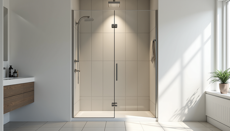 Eye-level view of a modern walk-in shower with glass doors and sleek fixtures