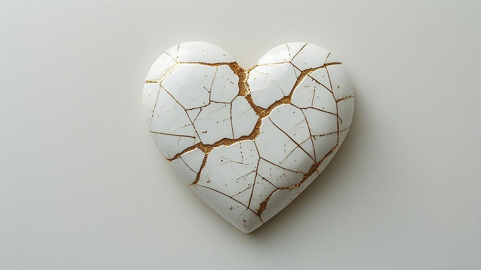 Un corazón reparado con oro, inspirado en el arte japonés del kintsugi. Así como una pieza rota puede adquirir un nuevo valor al ser restaurada, también el corazón humano puede encontrar belleza cuando sus heridas son sanadas por el amor. La Teología del Cuerpo nos recuerda que nuestra dignidad nunca desaparece; incluso nuestras cicatrices pueden convertirse en testimonio de esperanza.