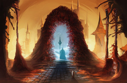 Final project for my Illustration class of a gateway portal made from an organic mass of people. As the character walks through, the arms reach out and try to grab them. The figure in the center of the gateway is it's guardian