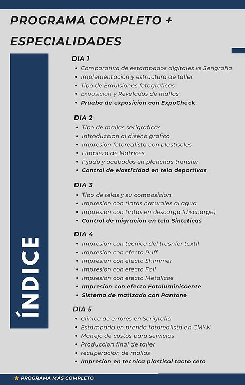 Índice completo mas especialidad de serigrafia
