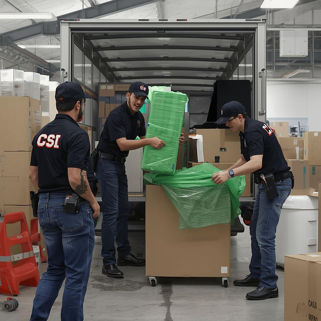 Team Wearing Polo Shirt SLEEVE _ CSI_ packing furniture using Green Saran Wrap, CLEANING,