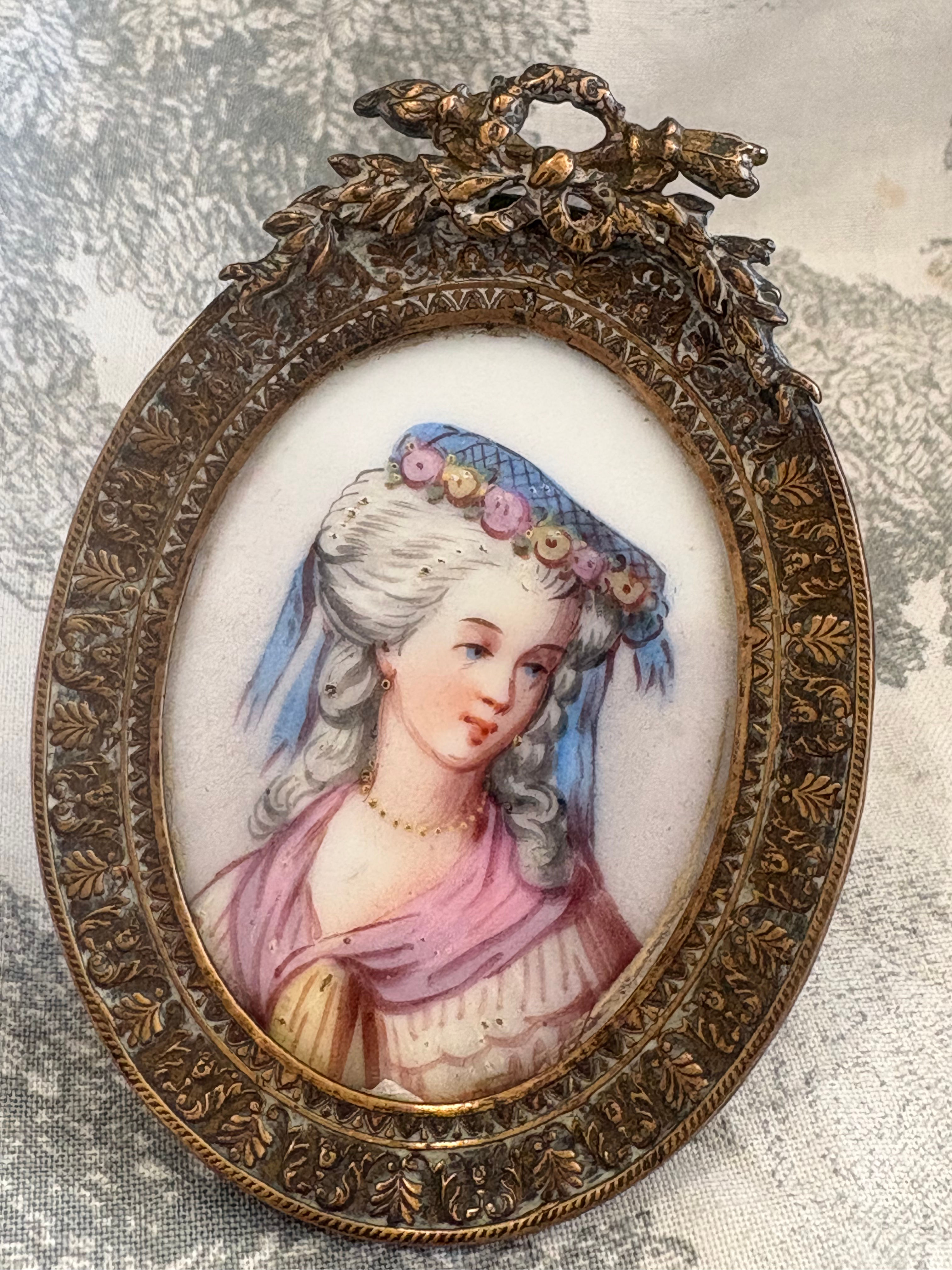 Antique French Hand-Painted Miniature Portrait in Gilt Easel Frame