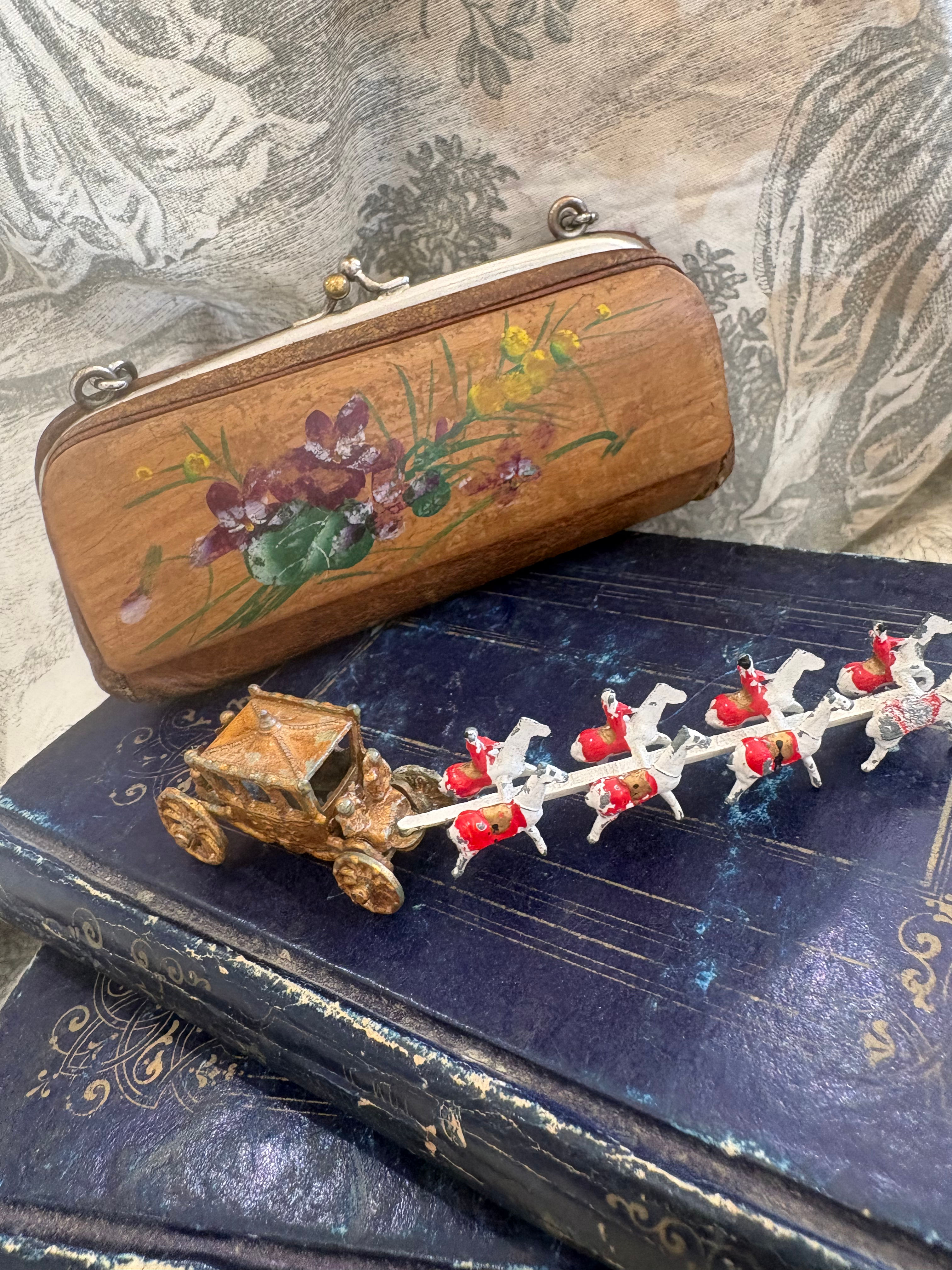 Antique French Montpellier Souvenir Leather & Painted Wood Purse c.1900